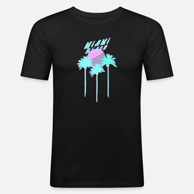 Miami Beach 80's Retro Palmen - Männer Slim Fit T-Shirt - Schwarz