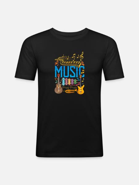 Farverig musikinstrumentcollage | Musik Kærlighed - Herre Slim Fit T-Shirt - sort