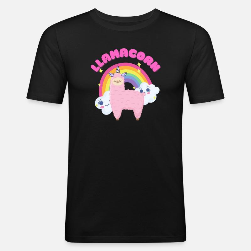 Skurriles rosa Lama mit Regenbogen - Männer Slim Fit T-Shirt - Schwarz