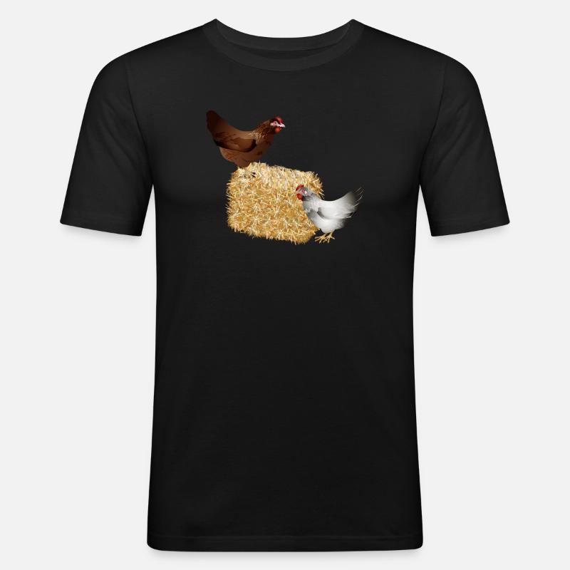 zwei Hühner auf einen Strohballen - Männer Slim Fit T-Shirt - Schwarz