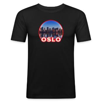 Oslo Skyline Ronde Logo - Mannen slim fit T-shirt - zwart - Voor - Nik (191cm)