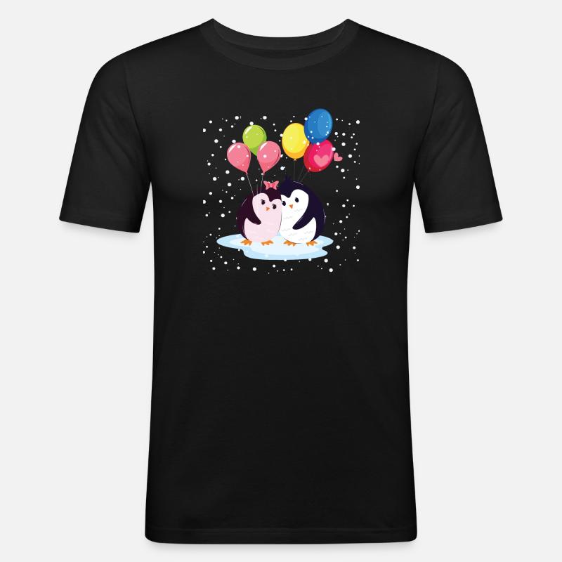 Pinguine mit Luftballons - Männer Slim Fit T-Shirt - Schwarz