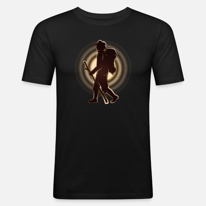 Pilger oder Wanderer mit Wanderstab & Rucksack - Männer Slim Fit T-Shirt - Schwarz