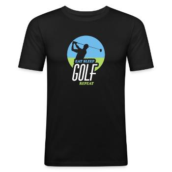Essen, Schlafen, Golfen, Wiederholen - Männer Slim Fit T-Shirt - Schwarz - Vorne - Nik (191cm)