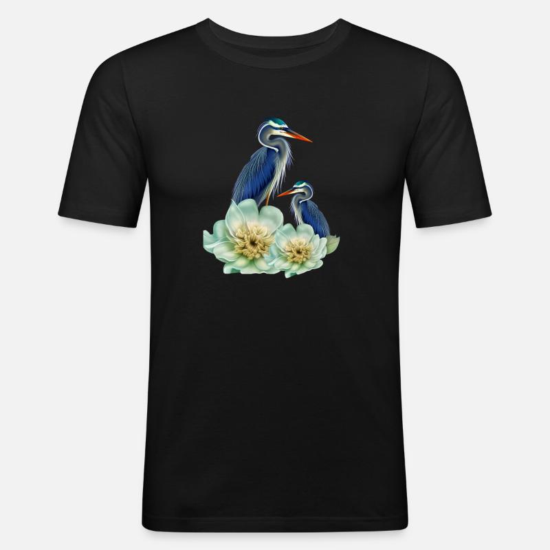 Der elegante Kranich mit Blumen - Männer Slim Fit T-Shirt - Schwarz