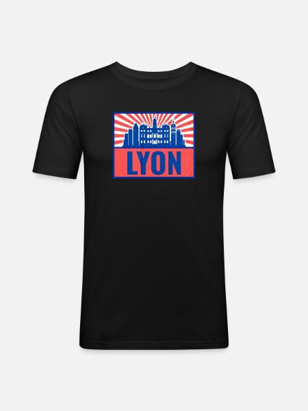 Lyon Skyline BlauRot Retro - Männer Slim Fit T-Shirt - Schwarz