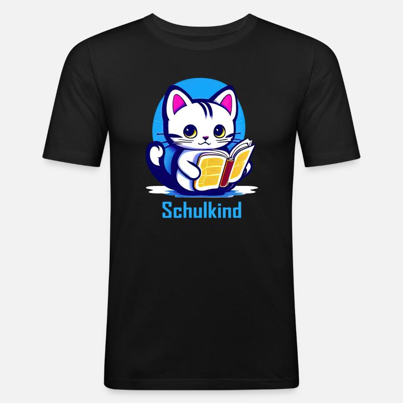 Schulkind Katze mit Buch - Männer Slim Fit T-Shirt - Schwarz