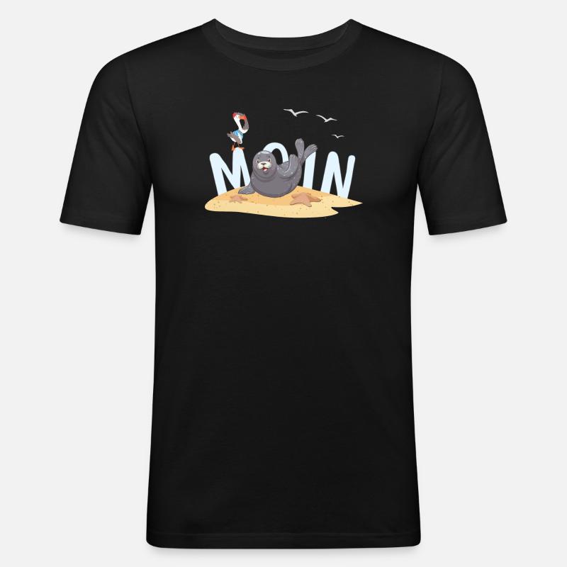 Moin Robbe Möwe Strand - Männer Slim Fit T-Shirt - Schwarz