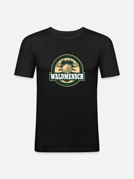 Waldmensch Holzlogo - Männer Slim Fit T-Shirt - Schwarz