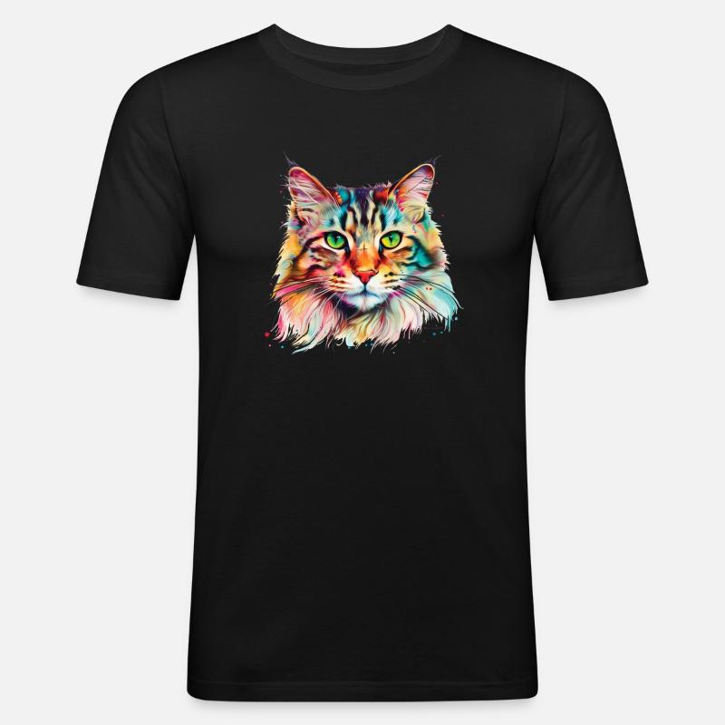 Bunte psychedelische Maine Coon Katze - Männer Slim Fit T-Shirt - Schwarz