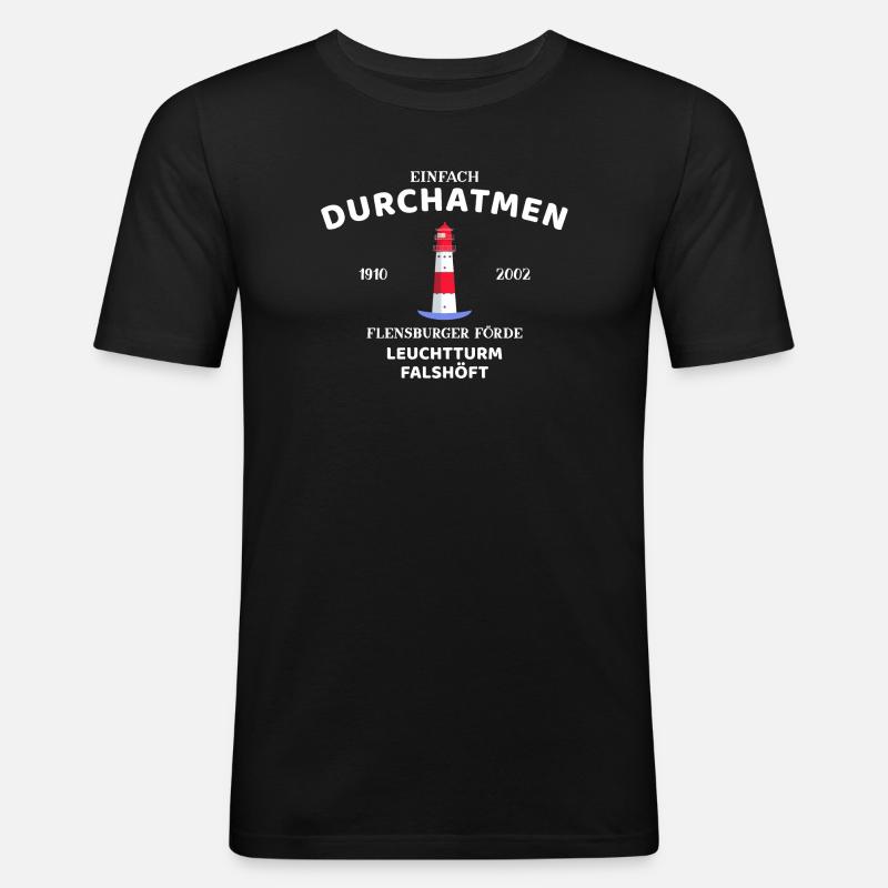Flensburger Förde, Leuchtturm Falshöft, Durchatmen - Männer Slim Fit T-Shirt - Schwarz
