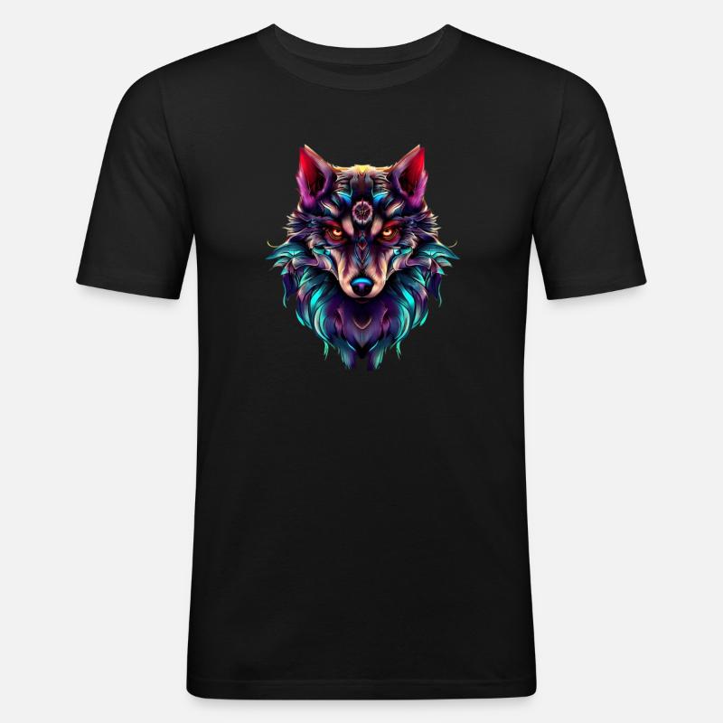 Wolfskopf Synthwave Wolf - Männer Slim Fit T-Shirt - Schwarz