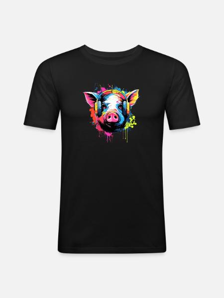 Cochon avec écouteurs Animaux Cochons - T-shirt près du corps Homme - noir