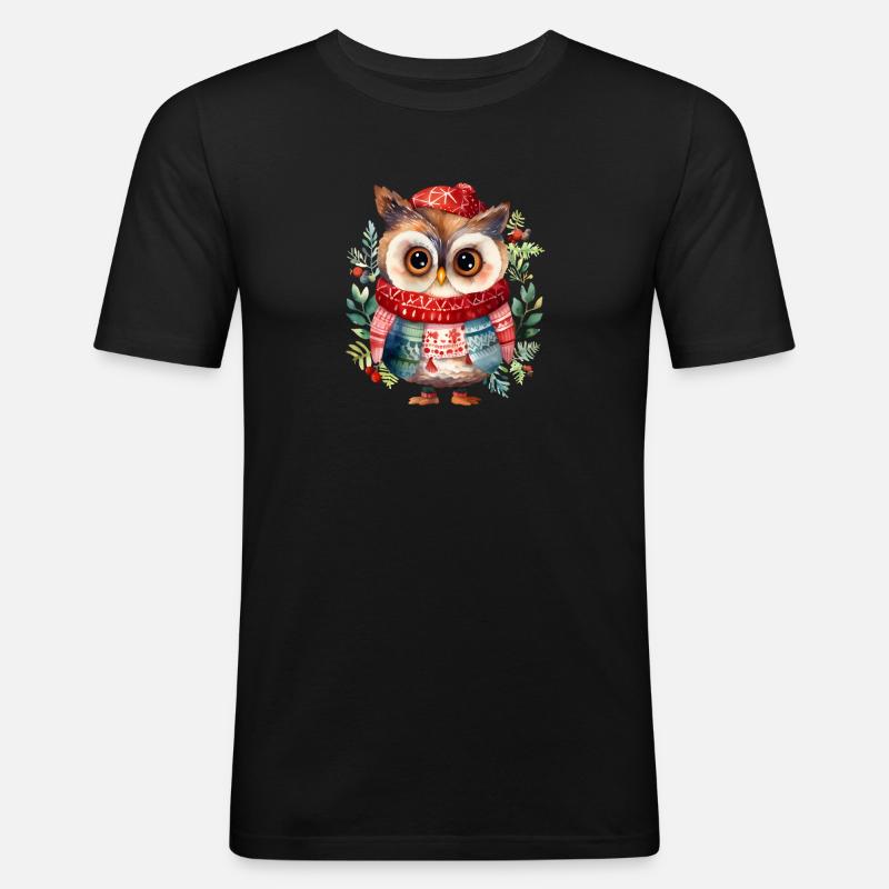 Vinteruggla med röd halsduk - Slim Fit T-shirt herr - svart