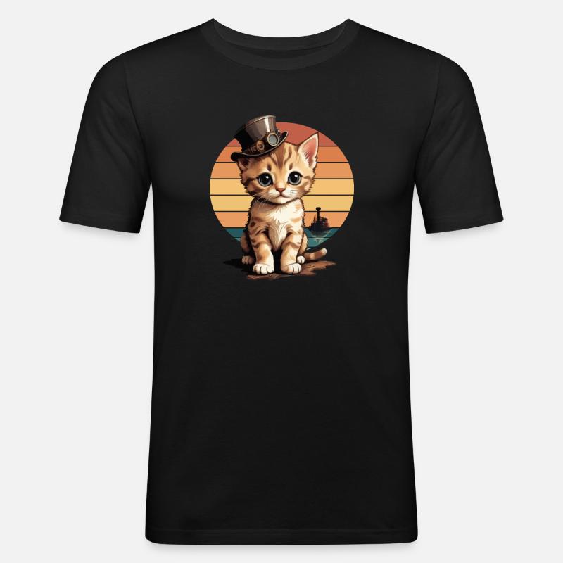 Steampunk Katze - Männer Slim Fit T-Shirt - Schwarz