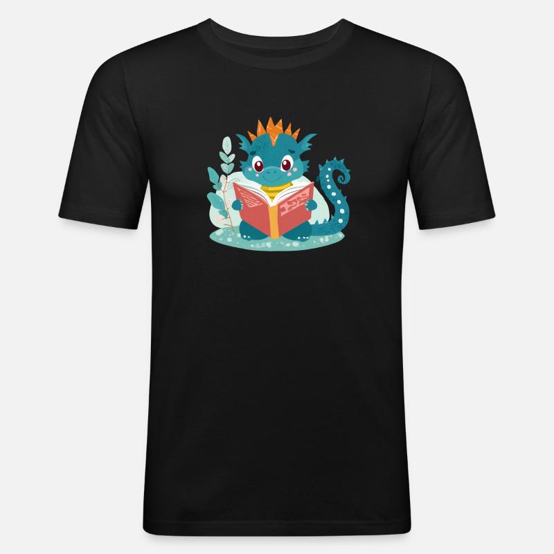 Kleiner Drache mit Buch - Männer Slim Fit T-Shirt - Schwarz