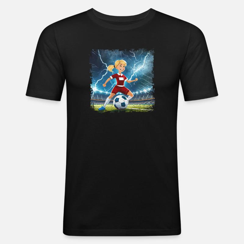 Fussballerin Comicfigur Stadion mit Blitzen - Männer Slim Fit T-Shirt - Schwarz