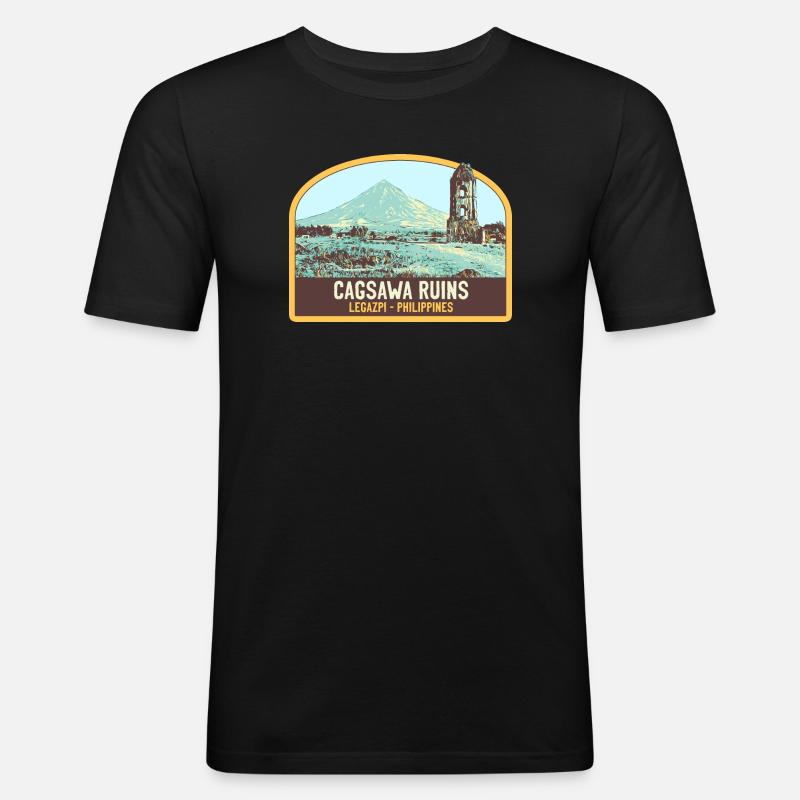 Ruinen von Cagsawa, Vulkan Mayon, Philippinen - Männer Slim Fit T-Shirt - Schwarz