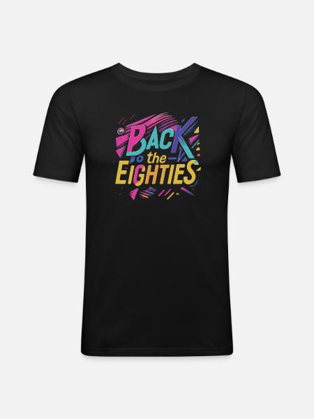 Bunte 80er Jahre Neon Schriftzug - Männer Slim Fit T-Shirt - Schwarz