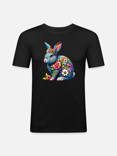 Hase mit Blumen geschmückt - Männer Slim Fit T-Shirt - Schwarz