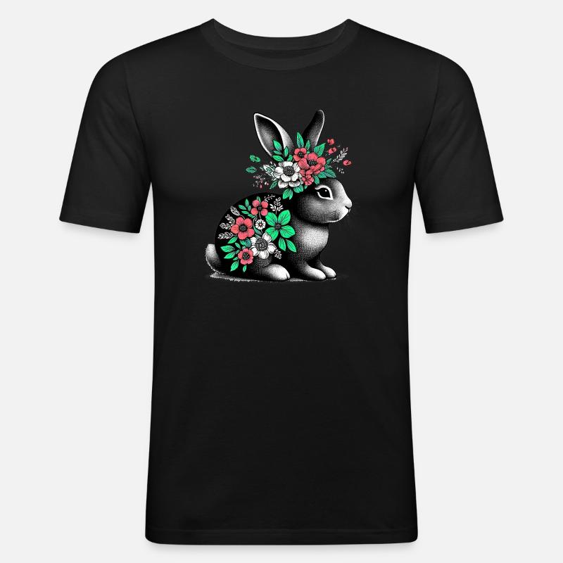 Hase mit Blumen - Männer Slim Fit T-Shirt - Schwarz
