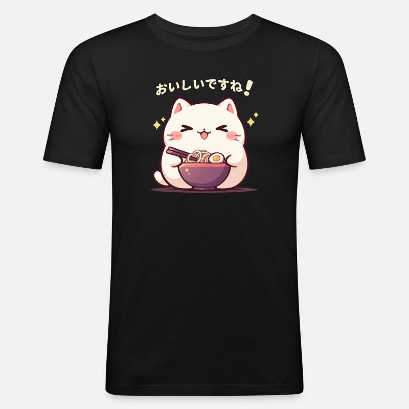 Katze isst Ramen - Männer Slim Fit T-Shirt - Schwarz