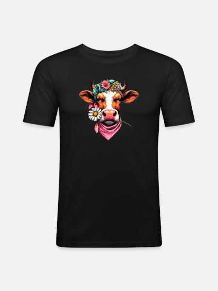 Kuh mit Blumen - Männer Slim Fit T-Shirt - Schwarz