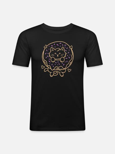 Donut und Katze - Männer Slim Fit T-Shirt - Schwarz