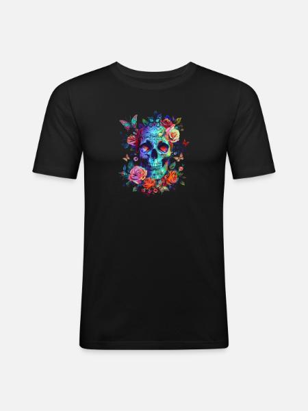 Crâne avec fleurs et papillon - T-shirt près du corps Homme - noir