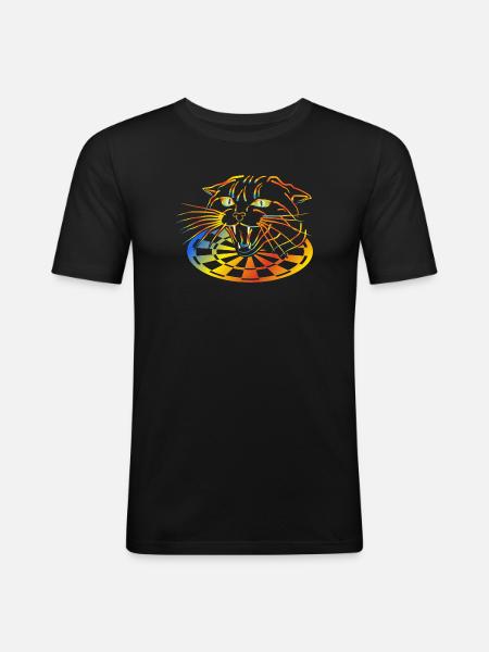 Dart Regenbogenkatze Neonkunst - Männer Slim Fit T-Shirt - Schwarz
