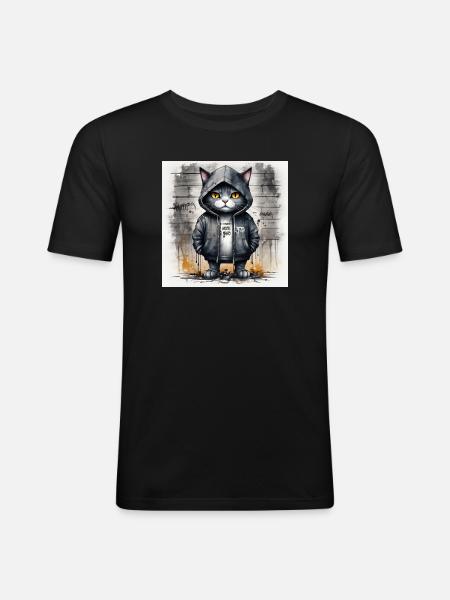 Graffiti-Katze im Hoodie - Männer Slim Fit T-Shirt - Schwarz
