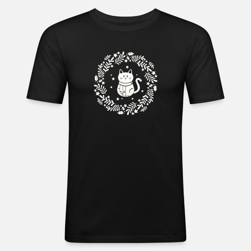Weihnachtskranz mit süßer Katze - Männer Slim Fit T-Shirt - Schwarz