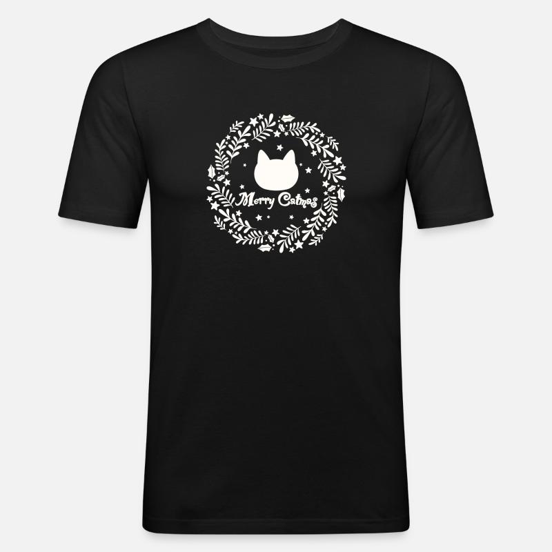 Weihnachtskranz mit Katze - Merry Catmas - Männer Slim Fit T-Shirt - Schwarz