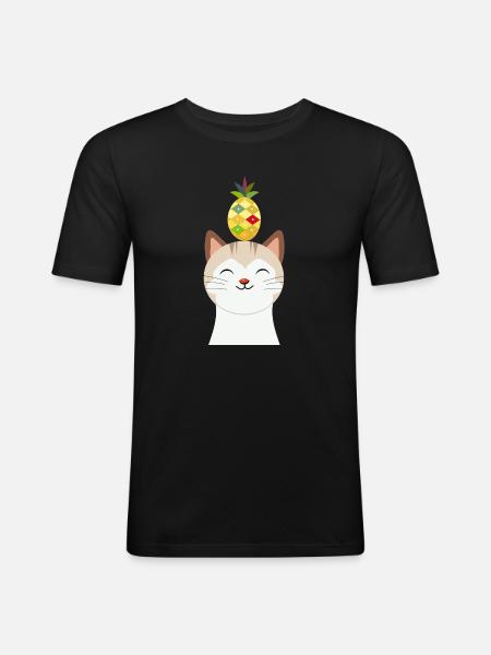 Munter kat med ananas – Tropisk dyredesign - Herre Slim Fit T-Shirt - sort