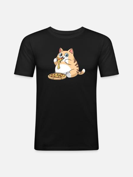 Cute Chubby Cat Eating Pizza - Men's Slim Fit T-Shirt - black