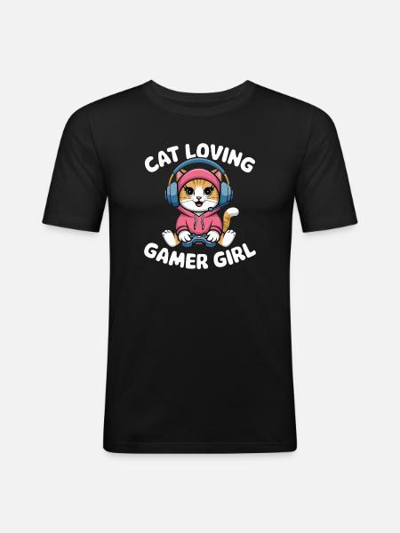 Katzenliebendes Gamer-Mädchen - Männer Slim Fit T-Shirt - Schwarz