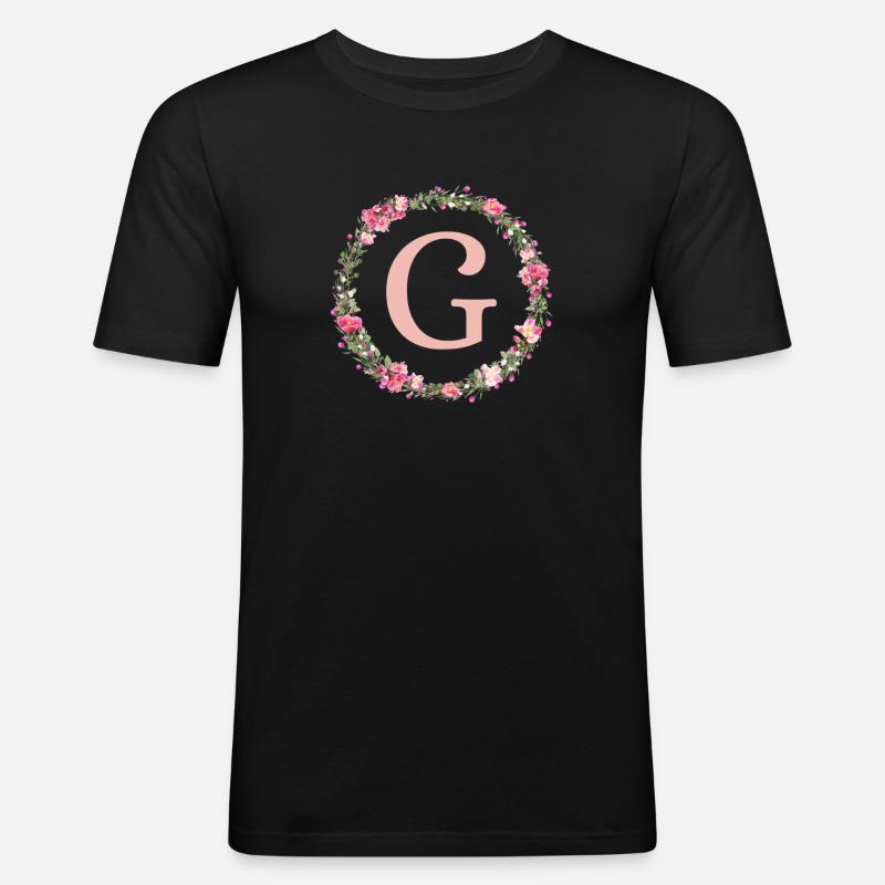 G Monogramm, Blumen-Kranz, personalisierbar - Männer Slim Fit T-Shirt - Schwarz