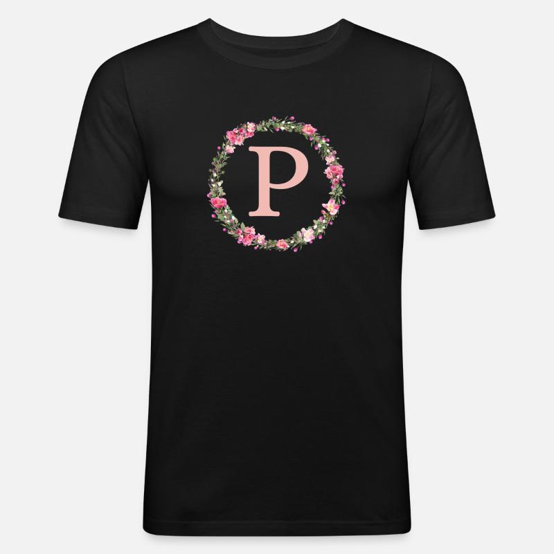 P Monogramm, Blumen-Kranz, personalisierbar - Männer Slim Fit T-Shirt - Schwarz