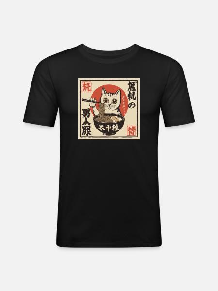 Cat and Ramen (Japan-Style) - Men's Slim Fit T-Shirt - black