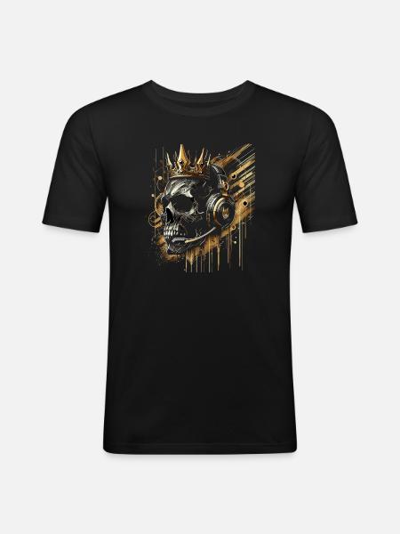 Gamer Skull with Crown Headset Golden - Men's Slim Fit T-Shirt - black