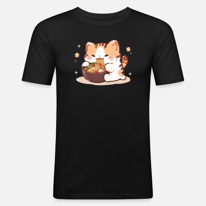 Katze isst Spaghetti Meme - Männer Slim Fit T-Shirt - Schwarz