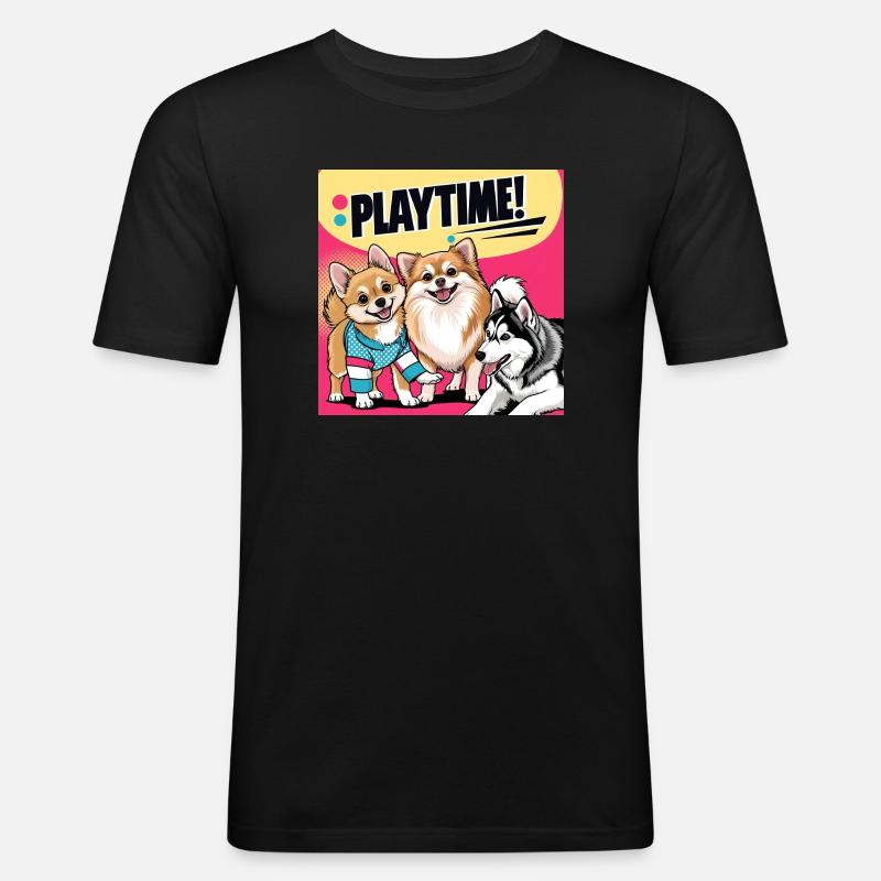 Comic Dogs - Playtime - Männer Slim Fit T-Shirt - Schwarz