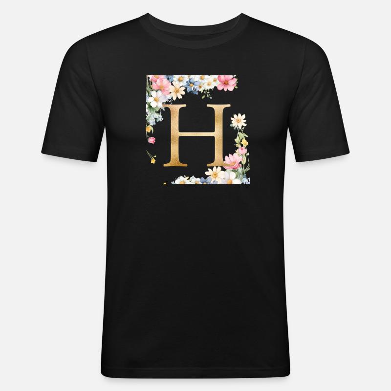 H Monogramm, Floral, personalisierbar - Männer Slim Fit T-Shirt - Schwarz