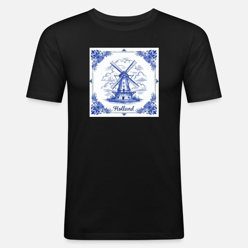 Delfter blauer Windmühlenkachel - Männer Slim Fit T-Shirt - Schwarz