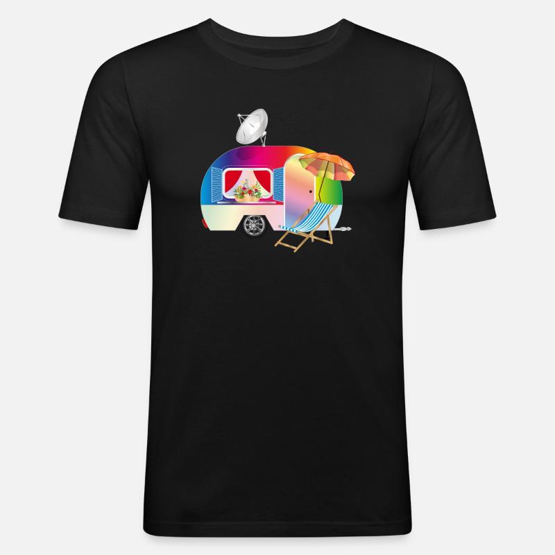 Bunter Retro-Wohnwagen mit Liegestuhl - Männer Slim Fit T-Shirt - Schwarz