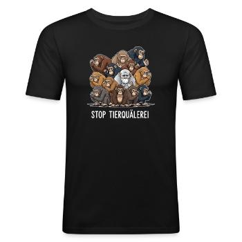 STOP TIERQUÄLEREI - Männer Slim Fit T-Shirt - Schwarz - Vorne - Nik (191cm)