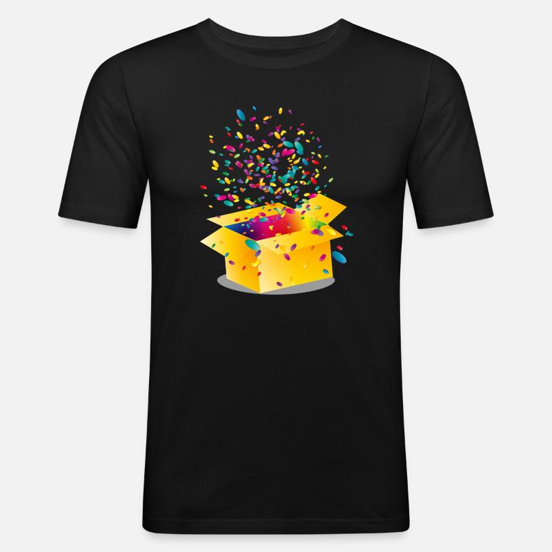 Gelbe Box mit buntem Konfetti - Männer Slim Fit T-Shirt - Schwarz
