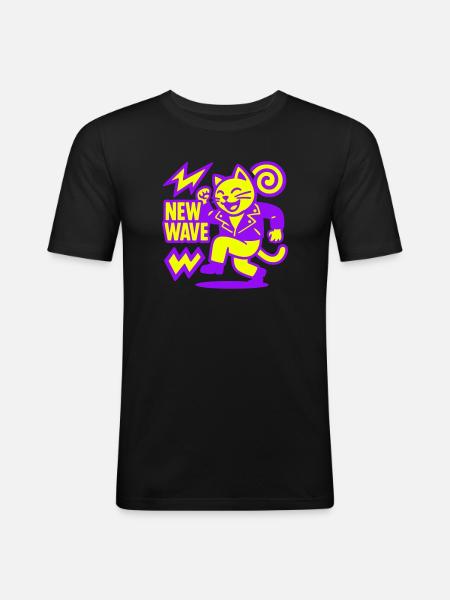 New Wave Cat - Männer Slim Fit T-Shirt - Schwarz