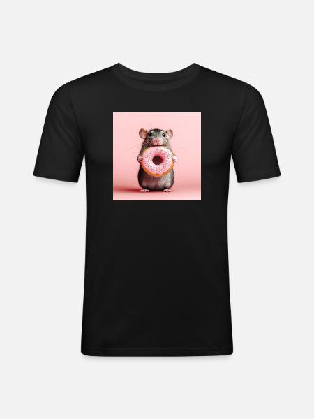 Süße Maus mit buntem Donut - Männer Slim Fit T-Shirt - Schwarz