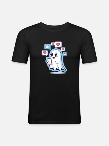Cute ghost with smartphone - Men's Slim Fit T-Shirt - black